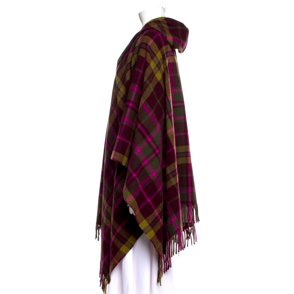 MAX MARA Outlander Tartan Plaid Hooded Ruana Cape Olive Green Fringe M Like New! - Picture 4 of 14